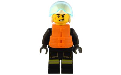 LEGO City Firefighter - Male, White Helmet, Trans-Light Blue Visor, Orange Life Jacket (cty1549)
