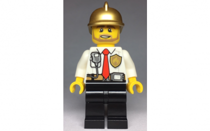 лего Fire - White Shirt with Tie and Belt and Radio, Black Legs, Gold Fire Helmet cty0973