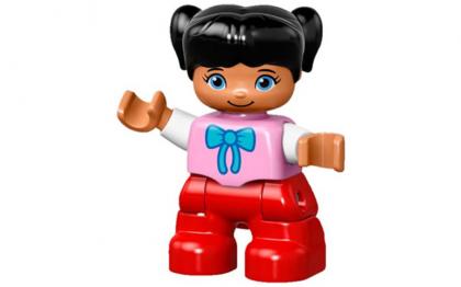 купить лего Duplo Figure Lego Ville, Child Girl, Red Legs, Bright Pink Top with Bow Tie, Black Hair with Ponytails 47205pb032
