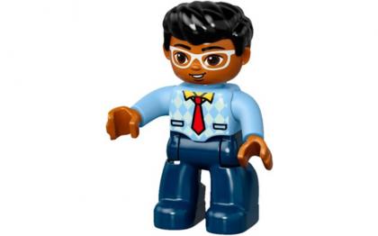 конструктор лего дупло Duplo Figure Lego Ville, Male, Dark Blue Legs, Bright Light Blue Top with Medium Blue Sleeves and Tie Pattern, White Glasses, Black Hair 47394pb227