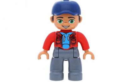 купить фигурку лего Дупло Duplo Figure Lego Ville, Male, Dark Bluish Gray Legs, Red Jacket, Medium Azure Shirt, Dark Blue Cap 47394pb245