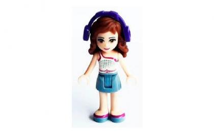 лего Olivia, Sand Blue Skirt, White One Shoulder Top with Magenta Trim, Headphones frnd109